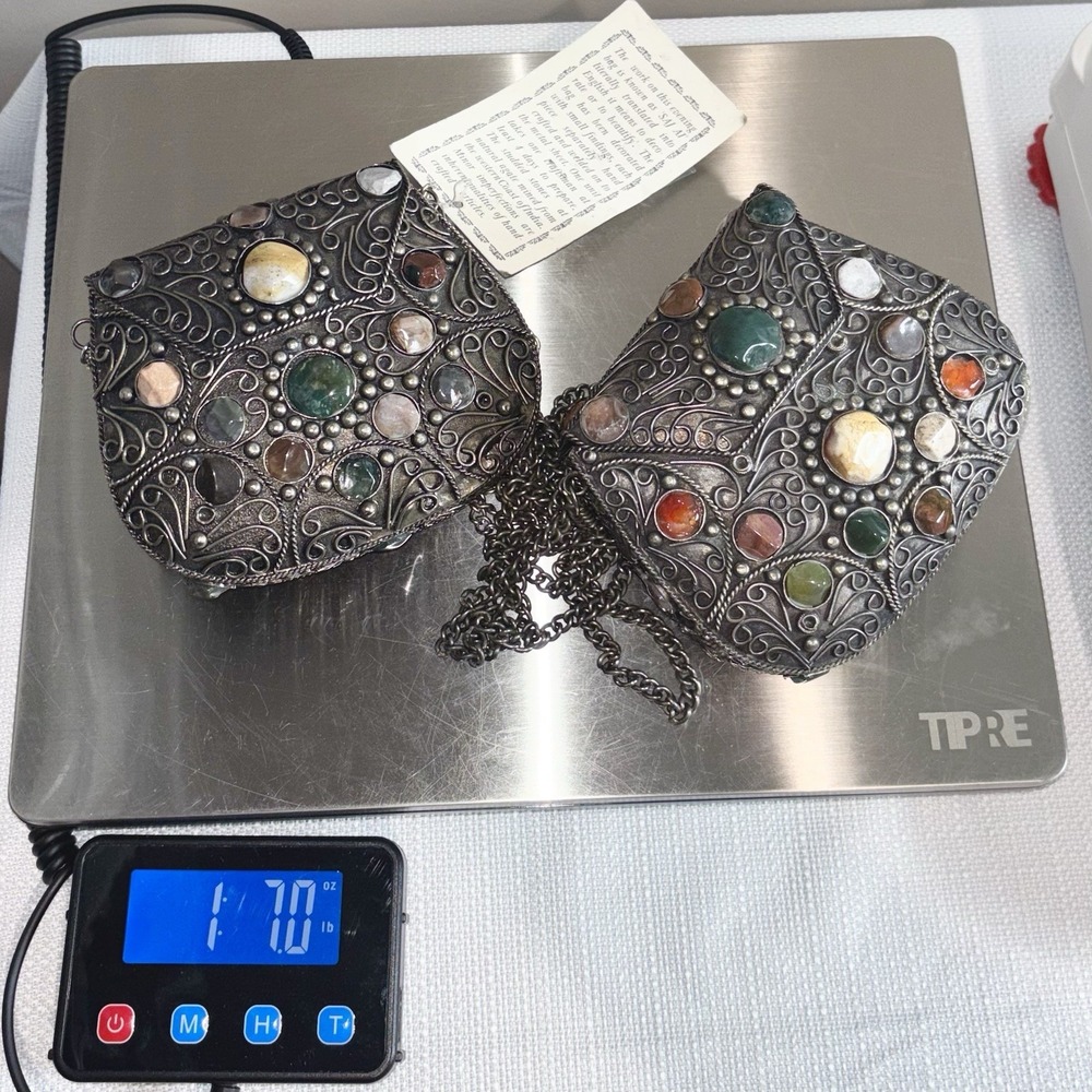Silver Metal Purse Set 1lb 7oz Sajai Bag - Agate Stones Cocktail 1 NWT + 1 NWOT - Picture 10 of 12